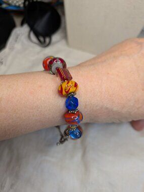 Art Glass Beaded Bracelet – Multicolor Lampwork Beads – Sterling Silver Toggle